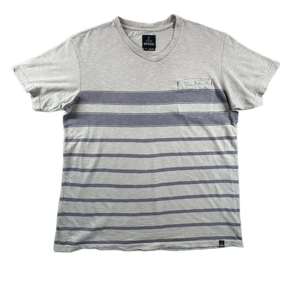 prAna Men's Striped V-Neck T-Shirt, Large Beige Grey Gorpcore‎ Organic Cotton